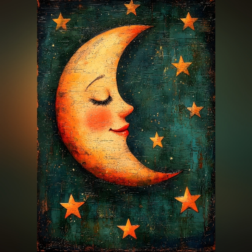 Dreamy Crescent Moon and Stars Wall Art Print